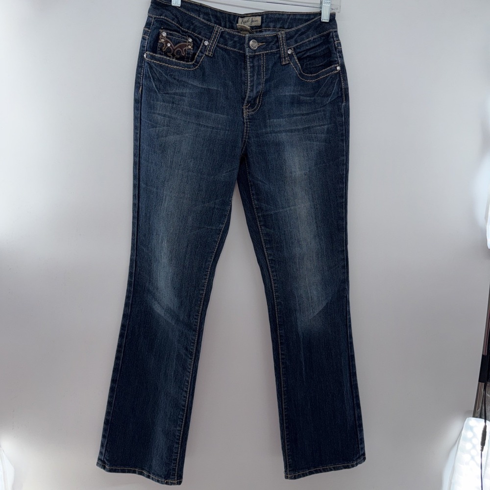 Earl Jeans Dark Blue Embellished Flip Pocket Rhinestone Accents, Women's Size 8 - Picture 5 of 9